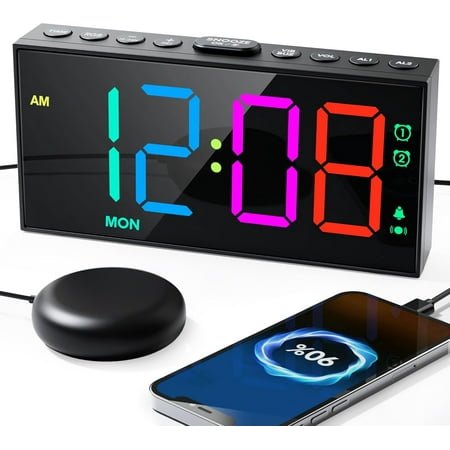 HYKE Loud Alarm Clock for Heavy Spers,RGB ing Alarm Clock with Bed Shaker,3- or,Dual Ala,Weday/Weend,Dimmer,Volume,USB Phone Charger,e,Plug in Clock with Memory Function