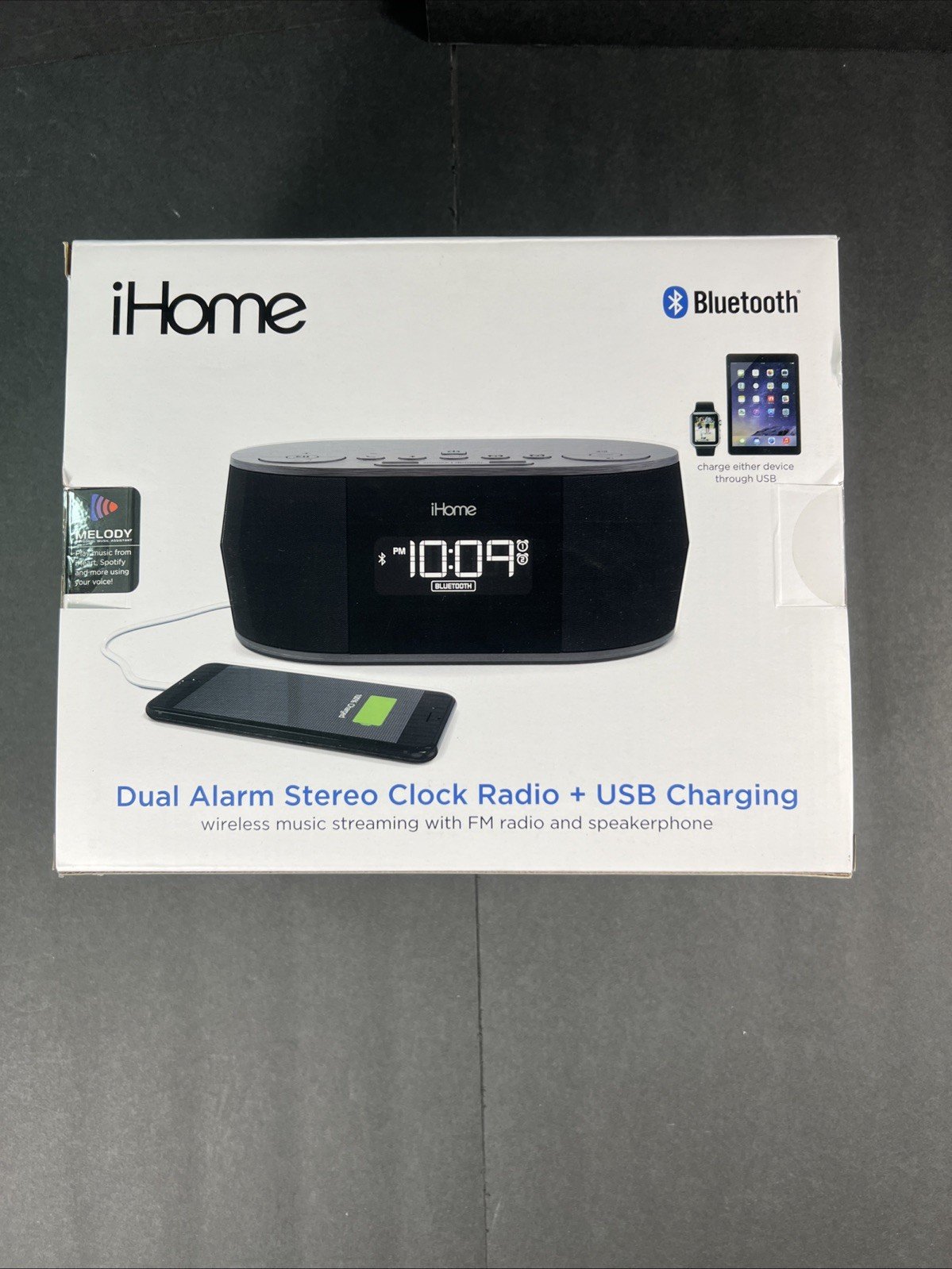 iHOME Dual Alarm Stereo Clock Radio + USB Charging Bluetooth New In Box