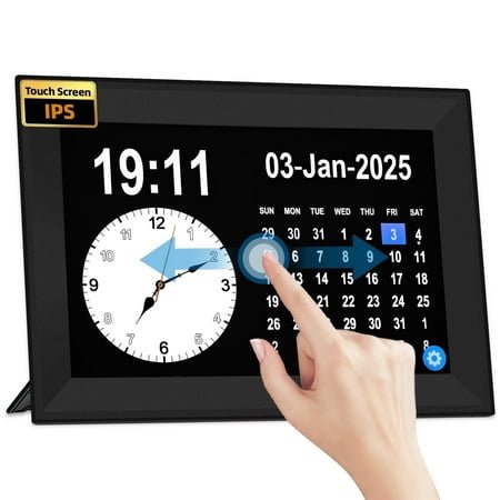 Jazeyeah 10.1 Easy to Use Touch Screen Alarm Clock for Seniors,Digtal Calendar with Day and Date of Week,64 Alarm 40 Reminders,Large Display, Auto DST,Black
