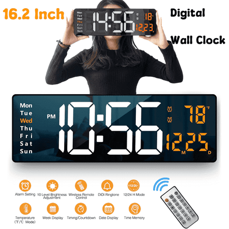 Jowenia Large Digital Wall Clock with Remote Control, 16 LED Display Count Up & Down Timer, Adjustable Brightness Alarm Clock with Day/Date/Temperature for Home, Gym, Office