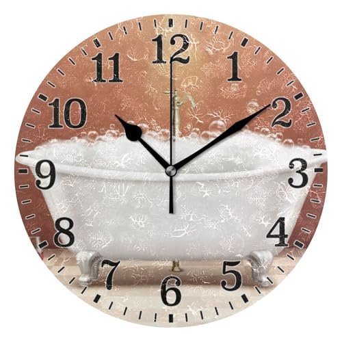 JUNZAN Clock Bathtub with Frothy Romantic Wine and Candles Bathroom Wall Clock for Indoor Decor No Ticking 10 Inch Round Small Clock for Hospital Classroom Home Living Room