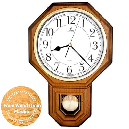 JUSTIME Traditional Schoolhouse Easy to Read Regulator Wall Clock, Chiming Wall Clocks with Pendulum & Westminster Chime Hourly, Schoolhouse Wall Decor Battery Operated (Light Wood Grain)