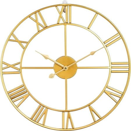KEINXS 60cm Large Home Decor Wall Clock for Living Room Non Ticking Art Clocks Roman Numeral,Retro Distressed Metal,Oversized (60cm, Gold)
