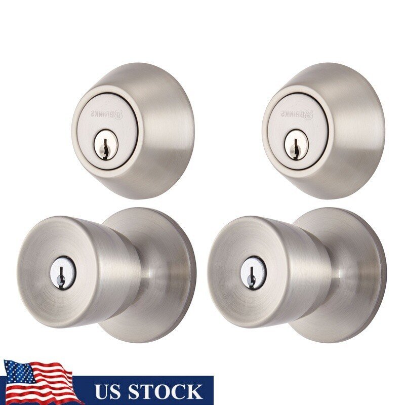 Keyed Entry Doorknob Deadbolt Combo Satin Nickel Finish Security Twin Pack New