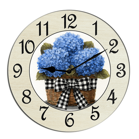 Kurmntregon Blue Hydrangea Wall Clock Summer Floral Wooden Silent Non Ticking Battery Operated Rustic Farmhouse Kitchen Clocks Decorative For Living Room Bedroom Office Round 10