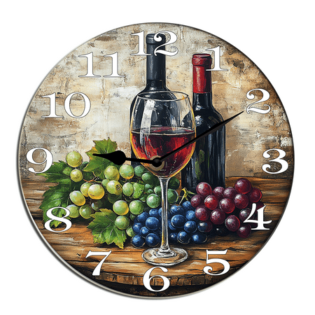 Kurmntregon Glasses Red White Wine Grapes Wall Clock Winery Farm Kitchen Living Room Silent Non-Ticking Decorative Clock Battery Operated Bedroom Home Decorative Round 10