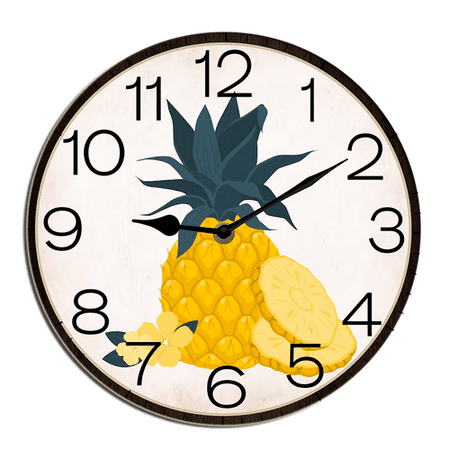 Kurmntregon Pineapple Wall Clock Summer Fruit Rustic Wall Clock Non Ticking Silent Quartz Classroom Bedroom Living Room Office Gym Kitchen Bathroom Patio Decor Decorative Clocks Round 10