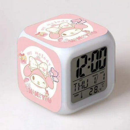 Kuromi Melody Hello Kitty Cinnamoroll Pochacoo Alarm Square Clock Cartoon Anime Silent Discoloration Desktop Bedroom LED Display