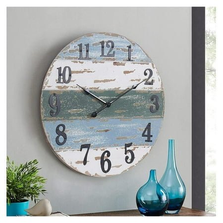 Large Beach Coastal Nautical Wall Clock, 18 Inch Wooden Wall Clocks Battery Operated,Vintage Farmhouse Decorative for Living Room, Kitchen, Home, Bedroom, Laundry Room, Blue 18 W x 18 H