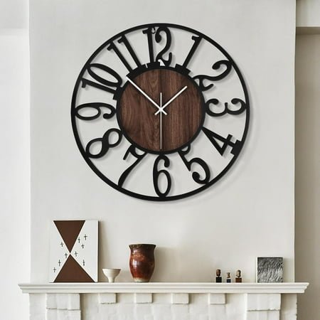 Large Wall Clocks,Silent,Non Ticking,Battery Operated Big Retro Round Modern Wood Wall Clock for Living Room, Bedroom,Dinning Room,Farmhouse,Office,Home Decor-20 Inch(Black-Arabic Number)