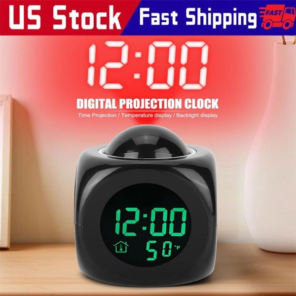 LED Projection Alarm Clock Digital LCD Display Voice Talking Weather Snooze USB
