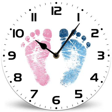 Lucidhisun Baby Footprints Baby Room Battery Operated Round Wood Silent Non Ticking Wall Clock 10in, Rustic Farmhouse Decor Wall Clock for Living Room, Kitchen, Home, Kids Bedroom
