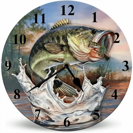 Lucidhisun Fishing Themed Decoration Wall Clocks Silent Non-Ticking Battery Operated Clock 10in, Wood Rusitc Round Wall Clock for Bathroom Decorative for Living Room, Kitchen, Office