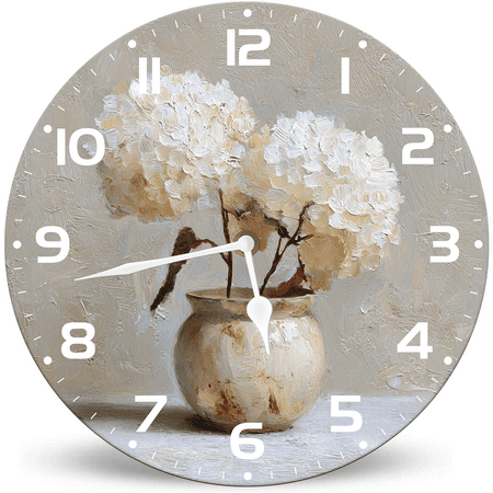 Lucidhisun French White Hydrangea Flower Wooden Clock 10in Silent Non-Ticking Battery Operated Wall Clock, Flowers Decorative Clocks for Office Room, Living Room, Bedroom or Kitchen
