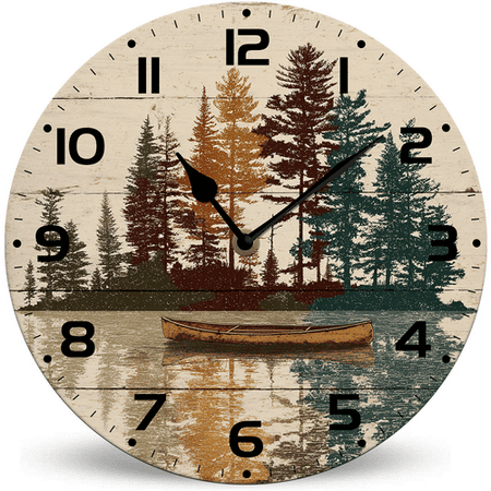 Lucidhisun Lake Boat Tree Battery Operated Round Wood Silent Non Ticking Wall Clock 10in, Personalized Decorative Battery Operated Wall Clocks for Living Room, Kitchen, Home, Bathroom