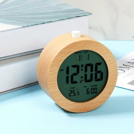 Lzvxtym Wooden Digital Alarm Clock for Bedrooms,4'' Battery Powered Alarm Clock with Snooze and Nightlight,Electronic LCD Desk Clock Display Time,Date,Temp,12/24H,Wood Décor