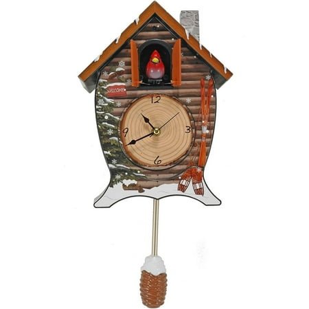 Mark Feldstein Snowy Cabin Singing Cardinal Tabletop Wall Sound Christmas Cuckoo Clock 14x10