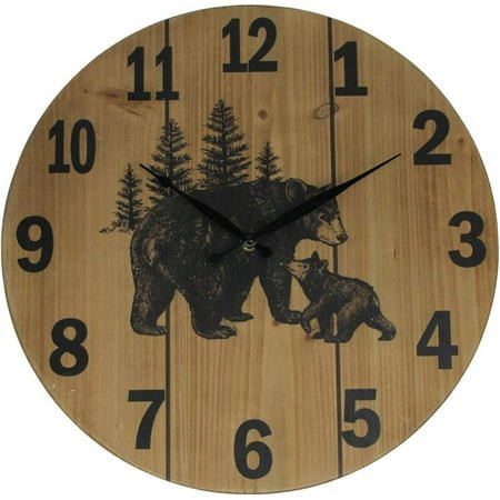 Mayrich Black Bear Print 15 Inch Diameter Round Wood Grain Wall Clock, Brown, One Size