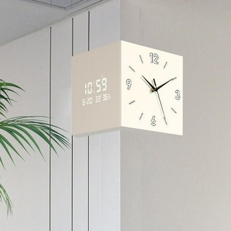 menolana Double Sided Wall Clock Metal Corner Clock Large Silent Art Electronic Clock Hanging Clock for Office Home Bedroom Decoration Milk White