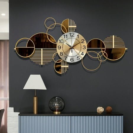Modern 3D Metal Wall Clock - Silent Non-Ticking Large Decorative Clock (34x17 Inch), Contemporary Art for Living Room & Bedroom