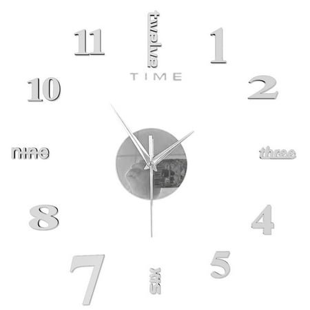Modern DIY Large Wall Clock 20 Inch Mirror Surface Silent Movement 3D Sticker Clock Contemporary Numbers Home Office Decor Self-Adhesive Battery Operated Silver