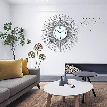 Modern Luxury Round Wall Clock, Metal Silver Crystal Quartz Sunburst Design Decorative Clock for Shop, Kitchen, Living Room and Bedroom, Silver