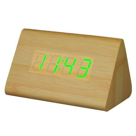 Modern Triangle LED Wooden Alarm Clock Classical Digital Sound Control Desk Clock Thermometer (Light Brown Wood and Green Light)