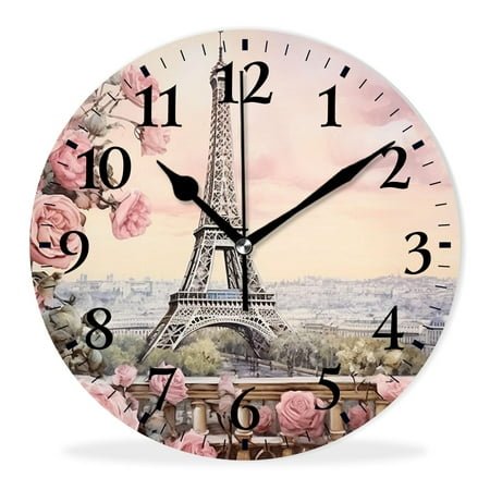 Modern Wall Clock Silent Non-Ticking Clock with Quality Quartz Battery Operated Analog Clock Decorative for Living Room-Watercolor Painting of the Eiffel Tower in Flowers(14inch)