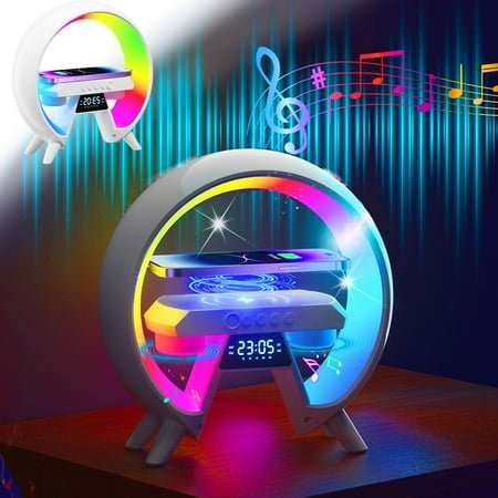 Multi-functional Bluetooth Speaker,Big G Shape Deisgn,10 Color Dimmable Night Light with 15W Fast Wireless Charging Feature,Led Clock,Alarm,Multifunction Surprise Gifts for Family and Friend
