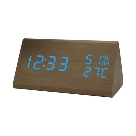 Multifunctional Silent Wooden Alarm Clock, 6.9 Bamboo Wood Blue Font Digital Clocks, Creative LED Wooden Clocks Cute Digital Clocks Modern Alarm Clock, Wood Alarm Clock for Bedrooms Living Room