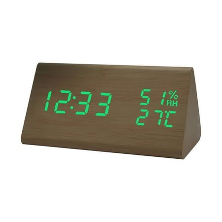 Multifunctional Silent Wooden Alarm Clock, 6.9 Bamboo Wood Green Font Digital Clocks, Creative LED Wooden Clocks Cute Digital Clocks Modern Alarm Clock, Wood Alarm Clock for Bedrooms Living Room