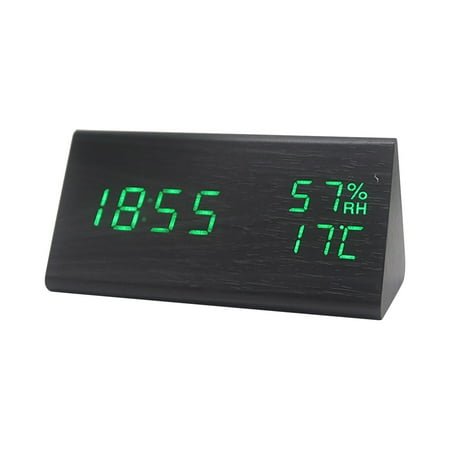 Multifunctional Silent Wooden Alarm Clock, 6.9 Black Wood Green Font Digital Clocks, Creative LED Wooden Clocks Cute Digital Clocks Modern Alarm Clock, Wood Alarm Clock for Bedrooms Living Room