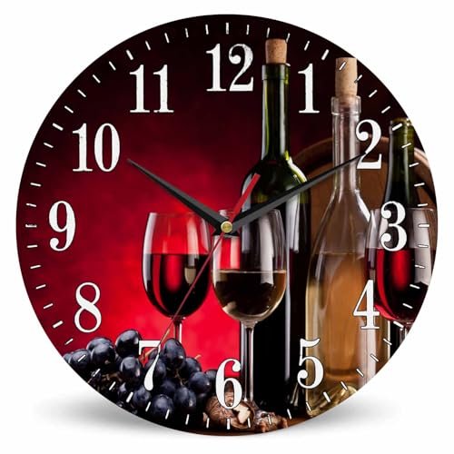 Mxocom Wine Still Life Wall Clock Wine Bottles Glasses Oak Barrels Grapes Red 10 Inch Silent Non Ticking Battery Operated Clock Vintage Round Clock for Living Room Bedroom Bathroom Office Decor