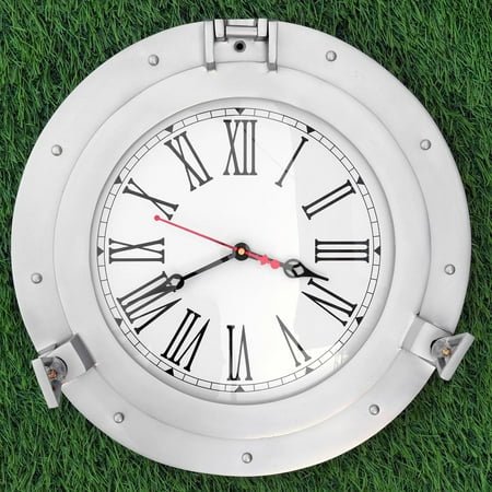 Nagina International Silver Deco Powder Coated Premium Nautical Aluminum Pirate's Ship's Porthole Clock | Exclusive Wall Decor Accent (10 Inches)