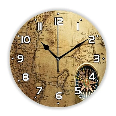 Nautical Ancient Pirate Treasure Map Wall Clock Living Room Old Caribbean Sea Ocean Map Ktichen Bedroom Wall Watch Home Decor（12 Inch）