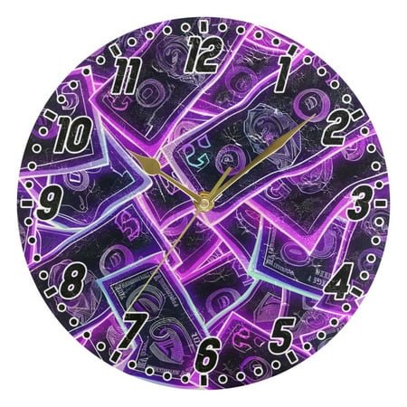 Neon Dollar Bills Round Wall Clock Battery Operated Silent Non-Ticking Bedroom Office Kitchen Home School Decor 10(Gold)