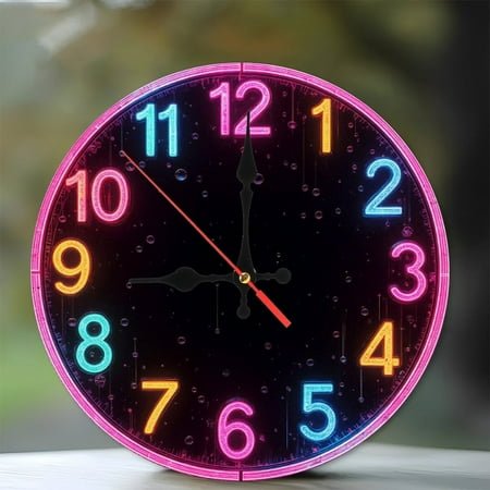 Neon Wall Clock LED Light Boost Home Decoration 10-Inch Silent Wooden Wall Clock, Battery Operated (AA Batteries Not Included), Artistic Home Decor
