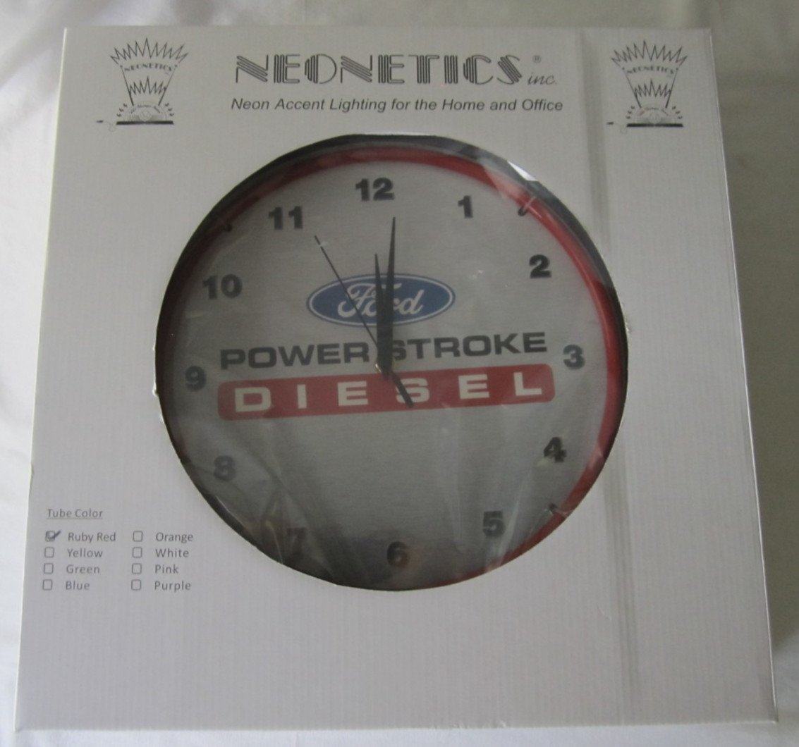 New in Box Ford Power Stroke Diesel Neonetics Ruby Red Neon Wall Clock Light 15"