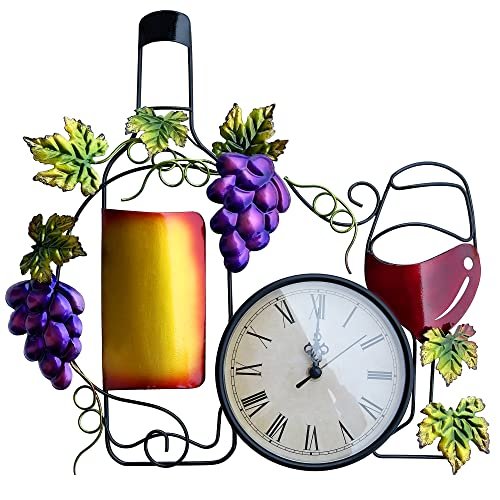 NewVees Metal Wine Wall Clock for Kitchen, Large 16 Inch Wall Art Decor, Decorative Clock With Bottle, Glass, Fake Grape, Battery Operated for Home Living Room Dining Room