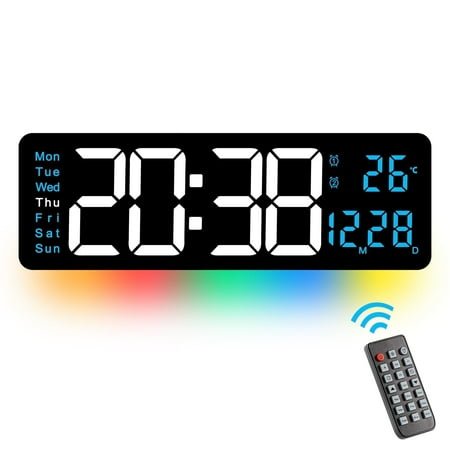 Onekawa 16 Digital Wall Clock,Dimmer Dual Alarm Clocks for Bedroom,8 Colors Large LED Display with Remote Control,12/24H,Black
