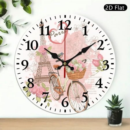 Paris Eiffel Tower Bicycle Wall Clock Silent Non Ticking Wall Clocks Battery Operated Round Wall Decor for Bathroom Kitchen Bedroom 10 in
