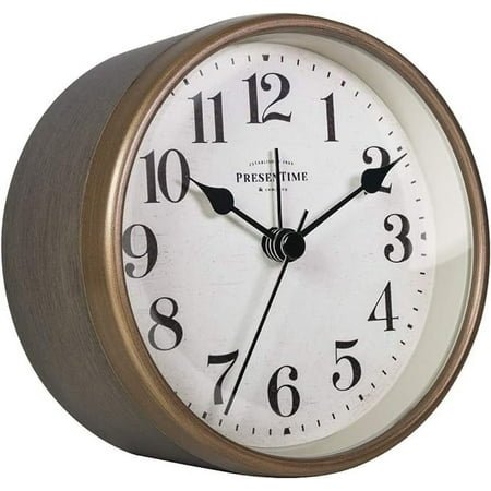 Presentime & Co 4 Vintage Tabletop Alarm Mantel Clock, Desk and Shelf Clock, Silent no Ticking, Rustic Grey Oak and Antique Gold Finish. Tabletop Décor, Home Décor, Farmhouse Décor.