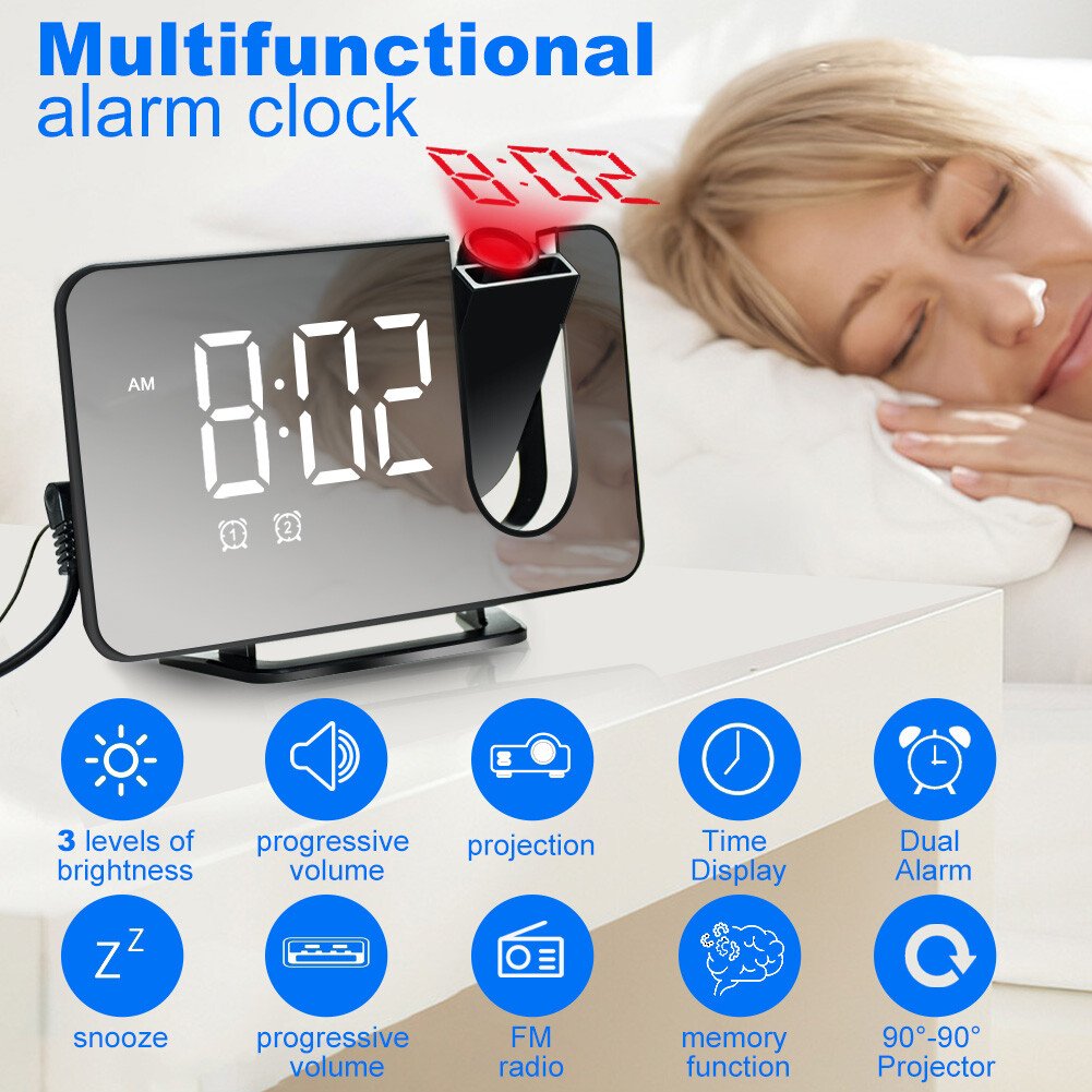 Projection Alarm Clock Large Digital LED Display Alarm Clock FM Radio USB Snooze