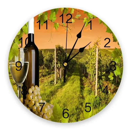 Red Wine Grape Fruit Round Wall Clock Acrylic Hanging Silent Time Clock Home Interior Bedroom Living Room Office Decoration