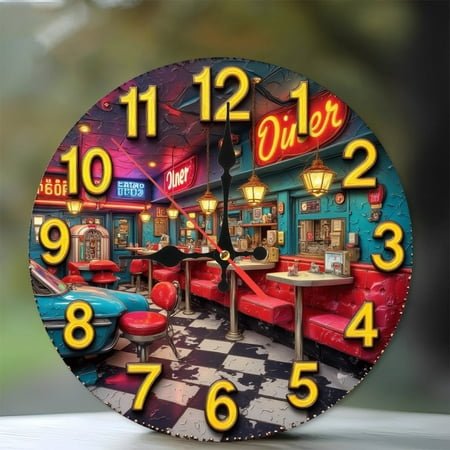 Retro Diner Clock Wall Art Vintage 50s Cafe Decor 10-Inch Silent Wooden Wall Clock, Battery Operated (AA Batteries Not Included), Artistic Home Decor