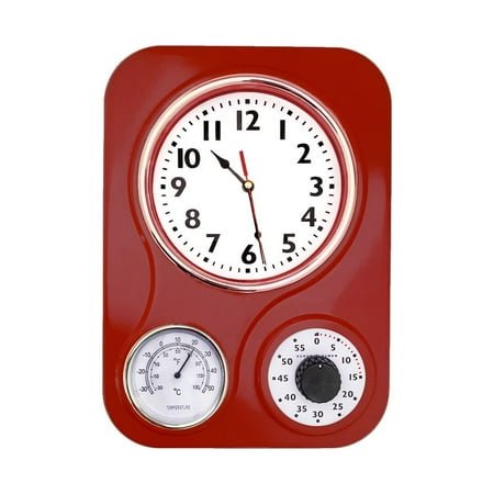 Retro Style Kitchen Wall Clock with Thermometer and Timer Function, Large Black Numbers on Cream Dial, Easy to Read, Battery Operated, Retro Red