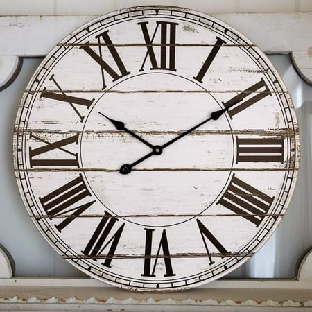 RJTZ Large Wall Clock, Rustic Farmhouse Distressed Shiplap Wall Clock, Silent White Wooden Wall Clock for Living Room Decor (24 Inch)