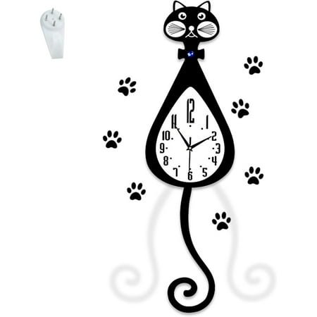 RJTZ Pendulum Wall Clock Cat Decor,Battery Operated Silent Clock with Swinging Tail, Home Living Room,Bedroom,Kitchen Decor