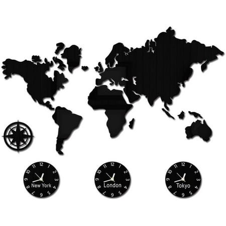 RJTZ World Map Large Wall Clock Personalized City Time Zone Battery Operated Silent Non Ticking Wall Watch Office Geographic Wall Art Decor (Normal Design)