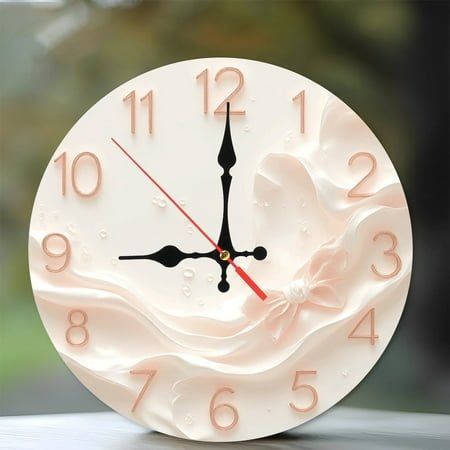 Rose Gold Bow Silk Wall Clock Home Decor 10-Inch Silent Wooden Wall Clock, Battery Operated (AA Batteries Not Included), Artistic Home Decor